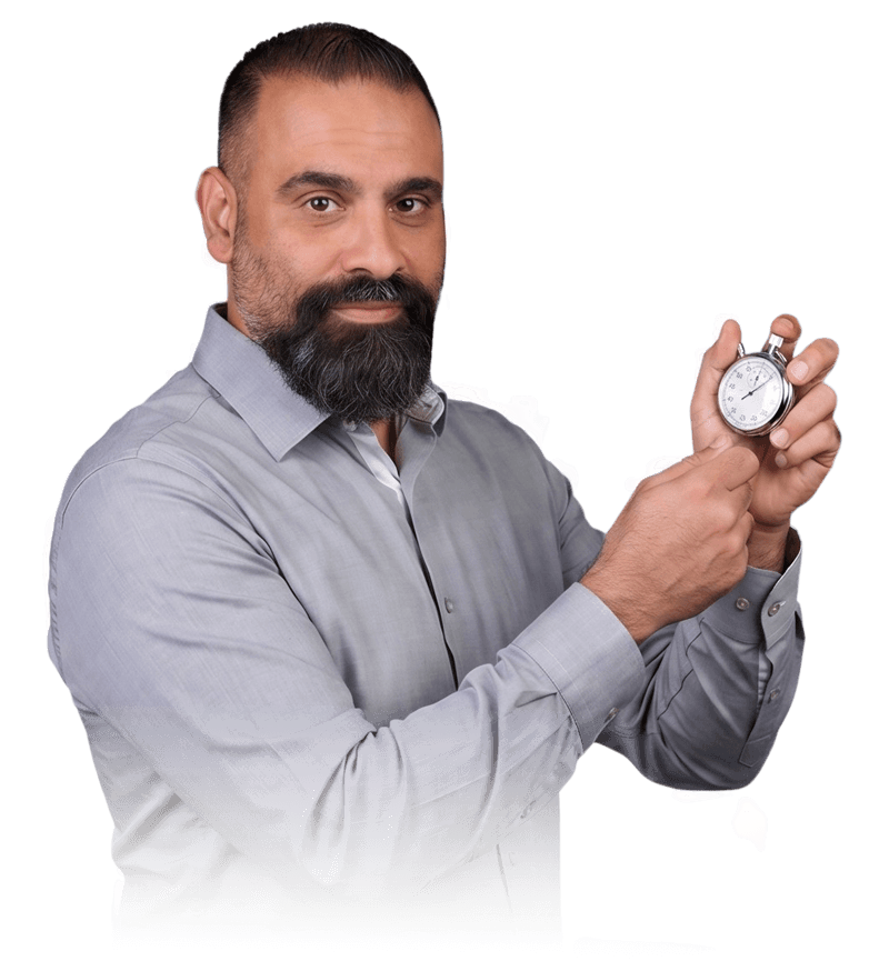 Laz Dorta holding a stopwatch