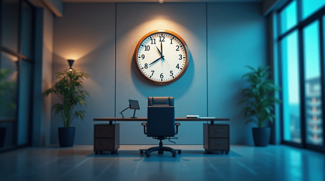 Modern office with clock on wall and empty executive chair, representing the urgency of hiring top talent