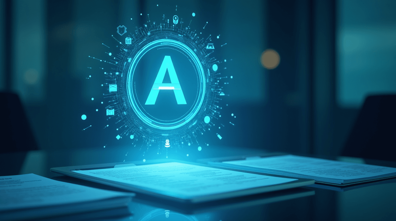 AI holographic interface above a modern desk with resumes, representing AI in recruiting