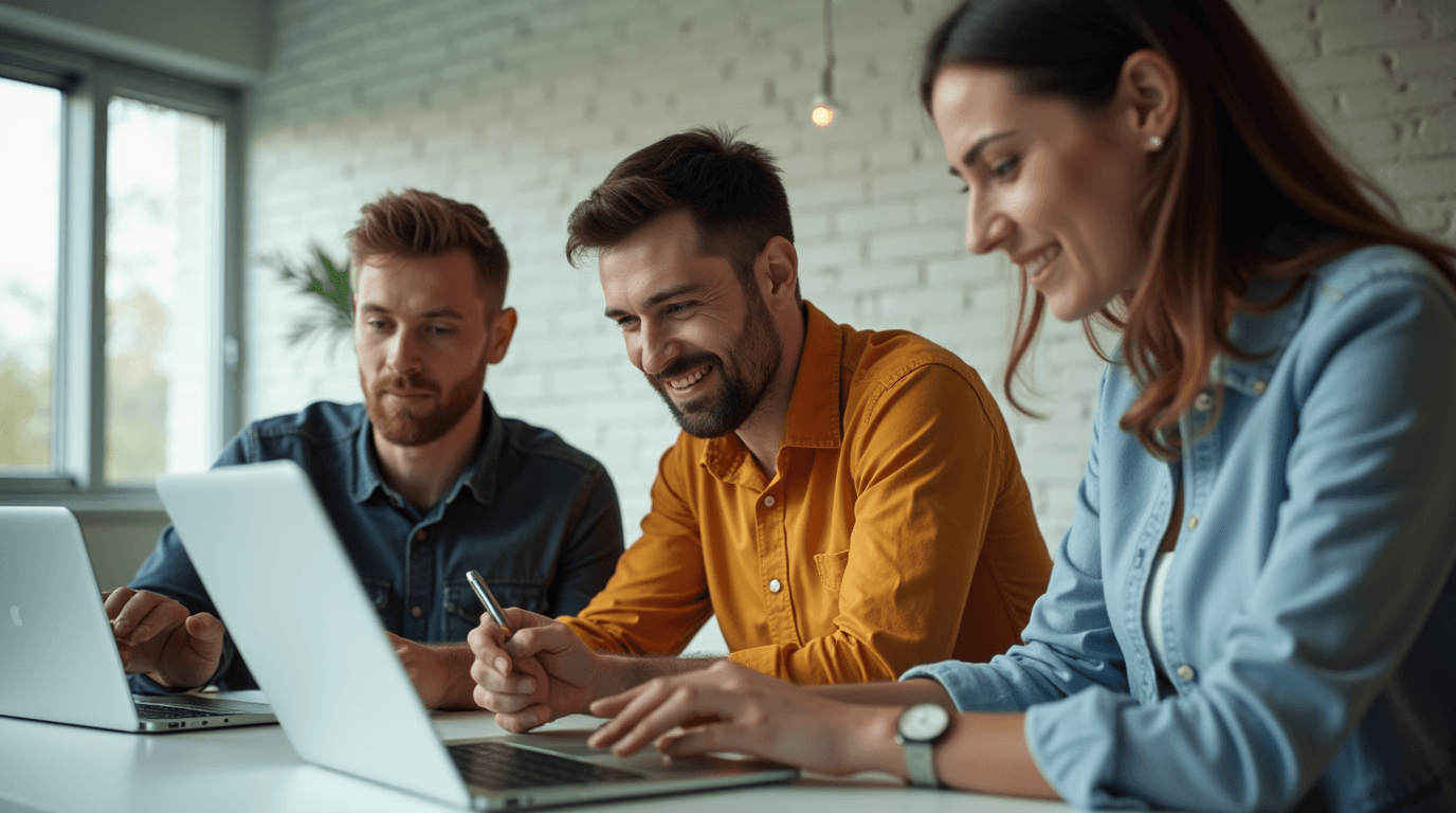 Diverse professionals learning new technology skills in a bright modern workspace