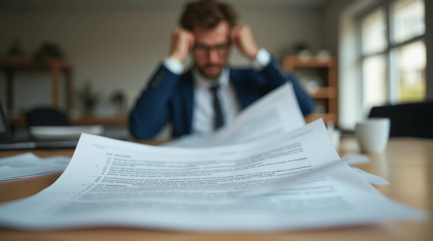 Job description document on a desk with frustrated hiring manager in background
