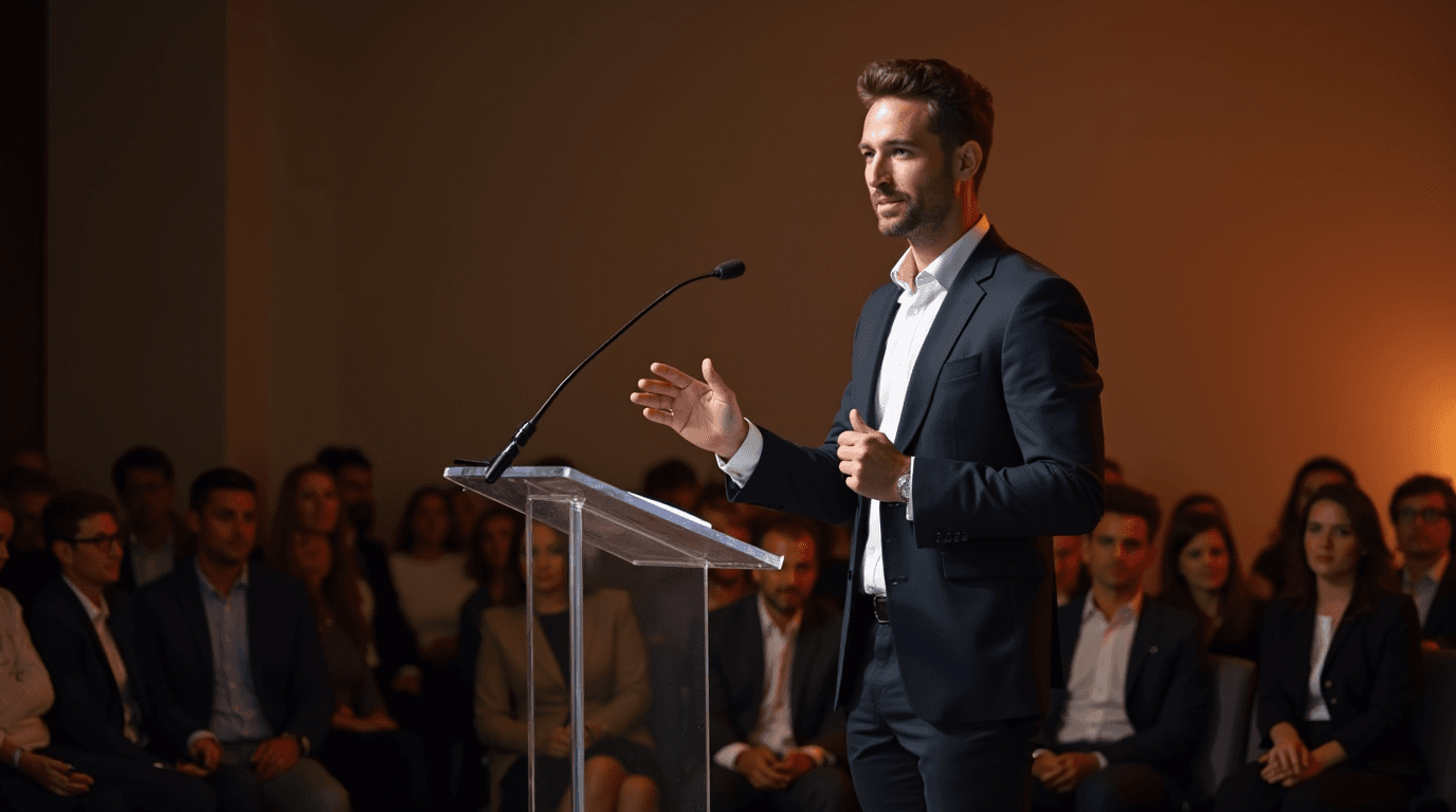 Professional speaking at a networking event, representing personal branding